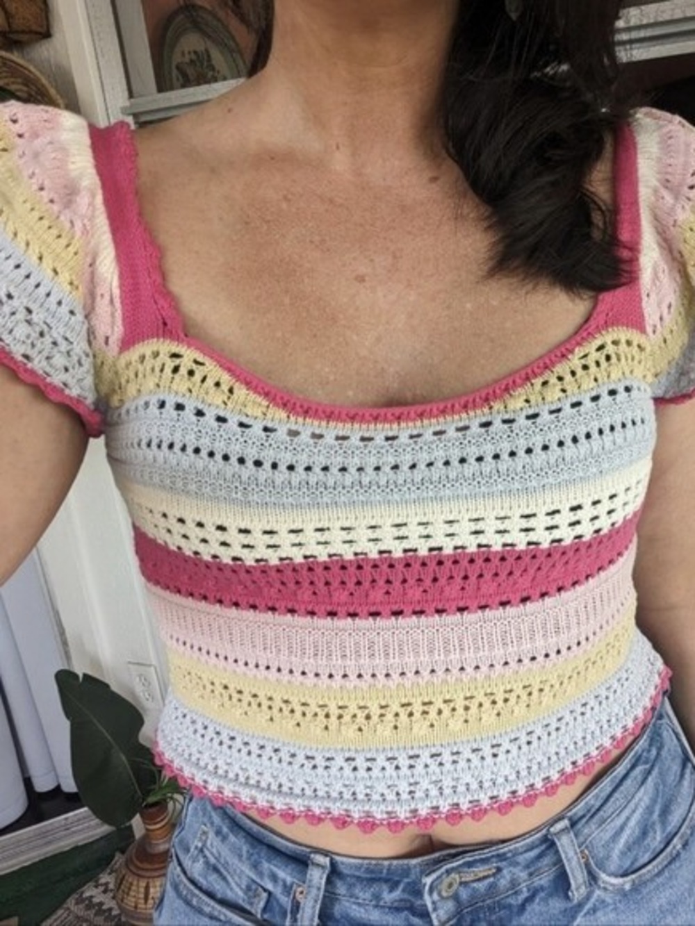 Sincerly Jules Pastel Stripe Crochet Crop Top in Pink, Yellow & Blue